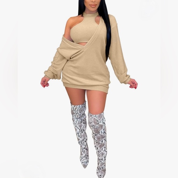 NWOT 2 Piece Knit Plunge Mini Sweatshirt Dress with Halter Crop Top - Picture 1 of 5